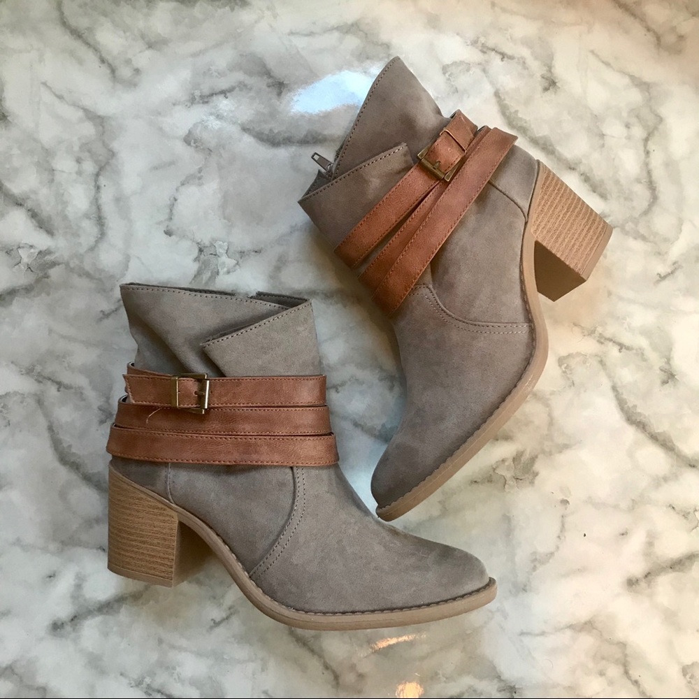 Taupe Faux Leather Heeled Ankle Boots with Buckle